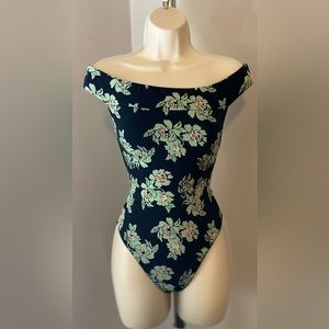 Free People “So Much” Black Mint Green Floral Off the Shoulder Bodysuit XS
